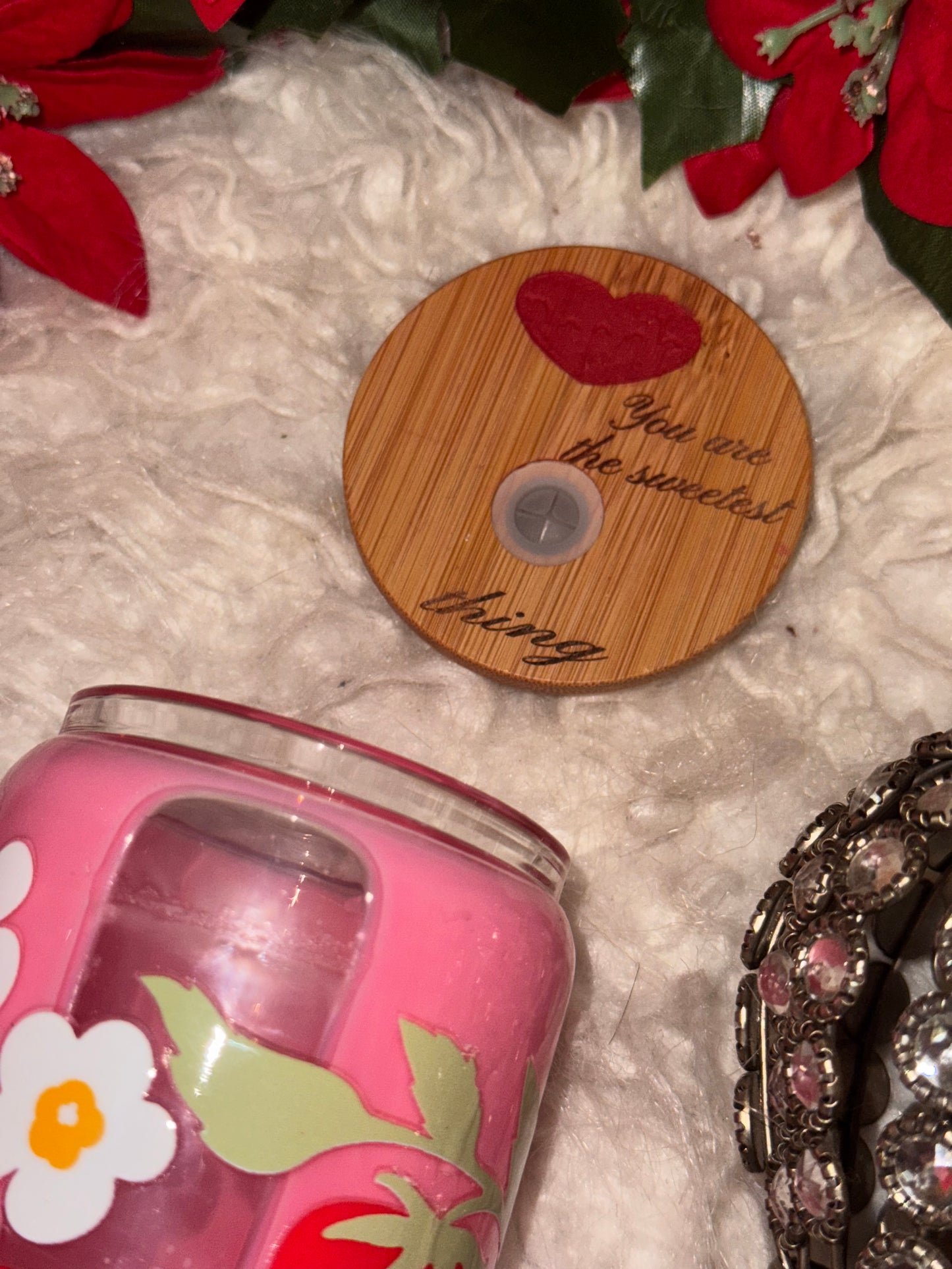 Strawberry ready to ship snow globe glass can w/ engraved lid