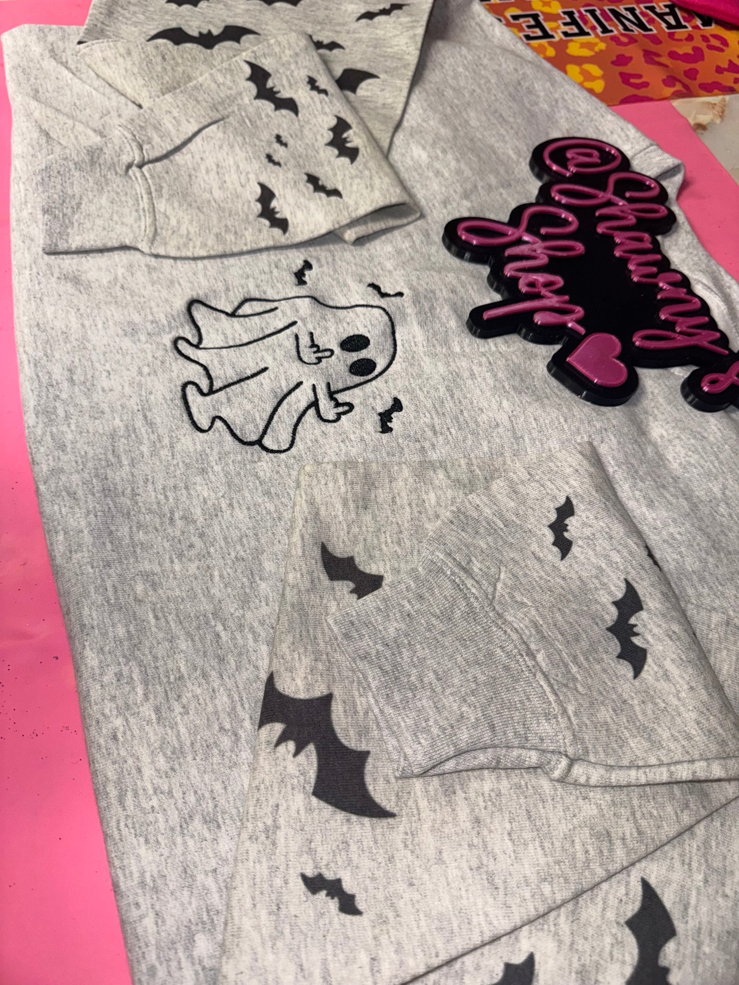 Embroidered ghostie with bat sleeves sweater top