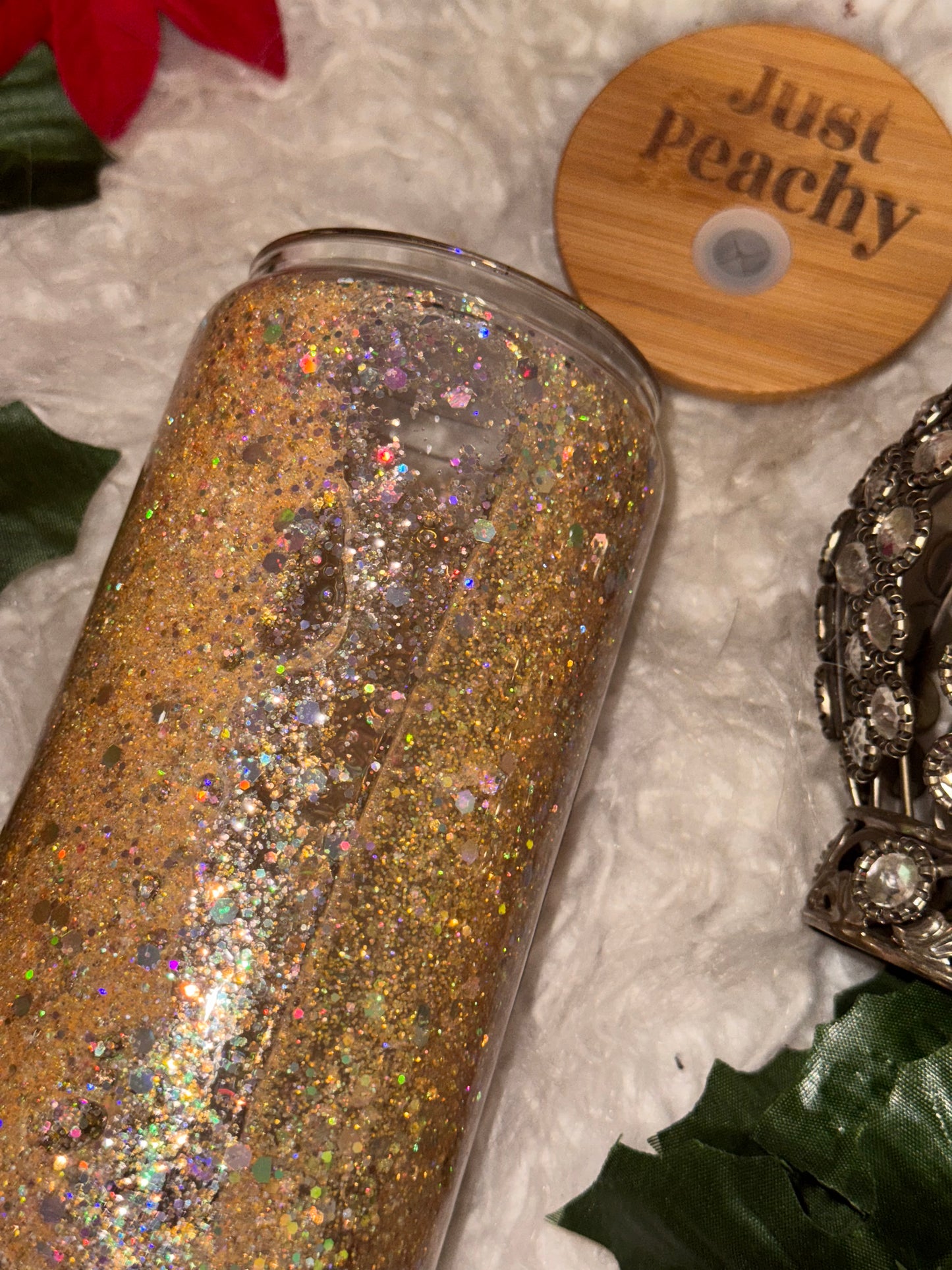 Feelin’ peachy ready to ship snow globe glass can w/ engraved lid