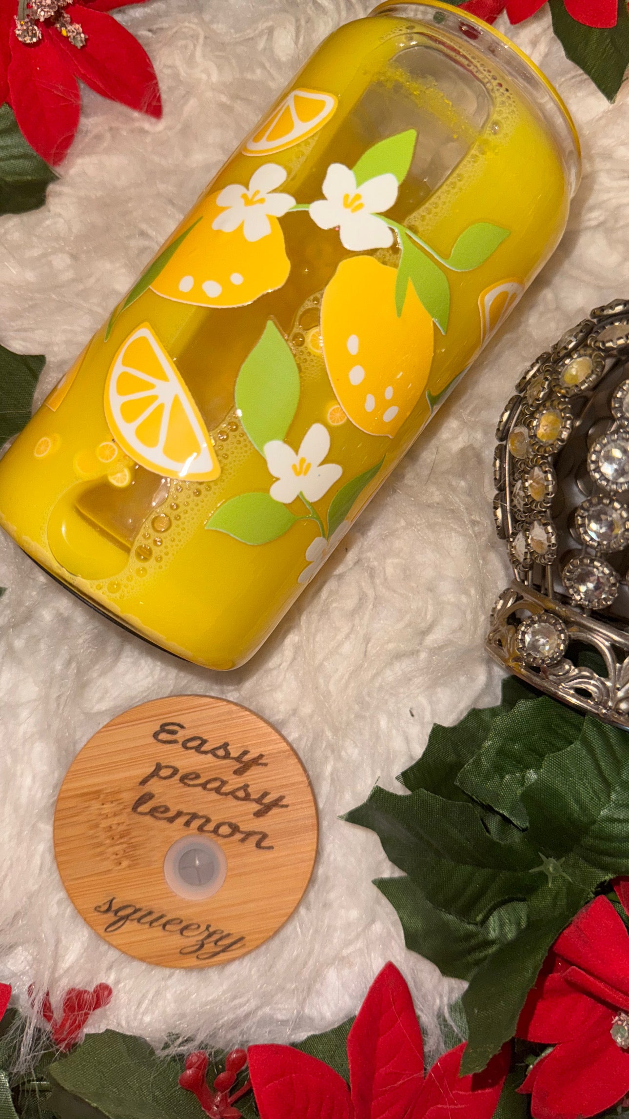 Lemon snow globe glass can w/ engraved lid ready to ship