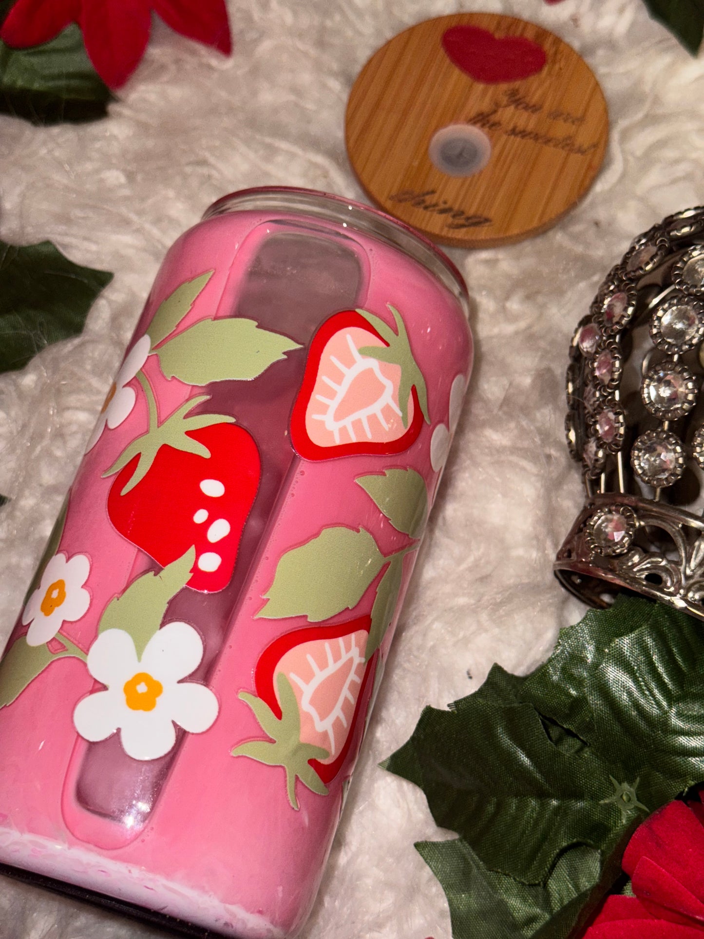 Strawberry ready to ship snow globe glass can w/ engraved lid