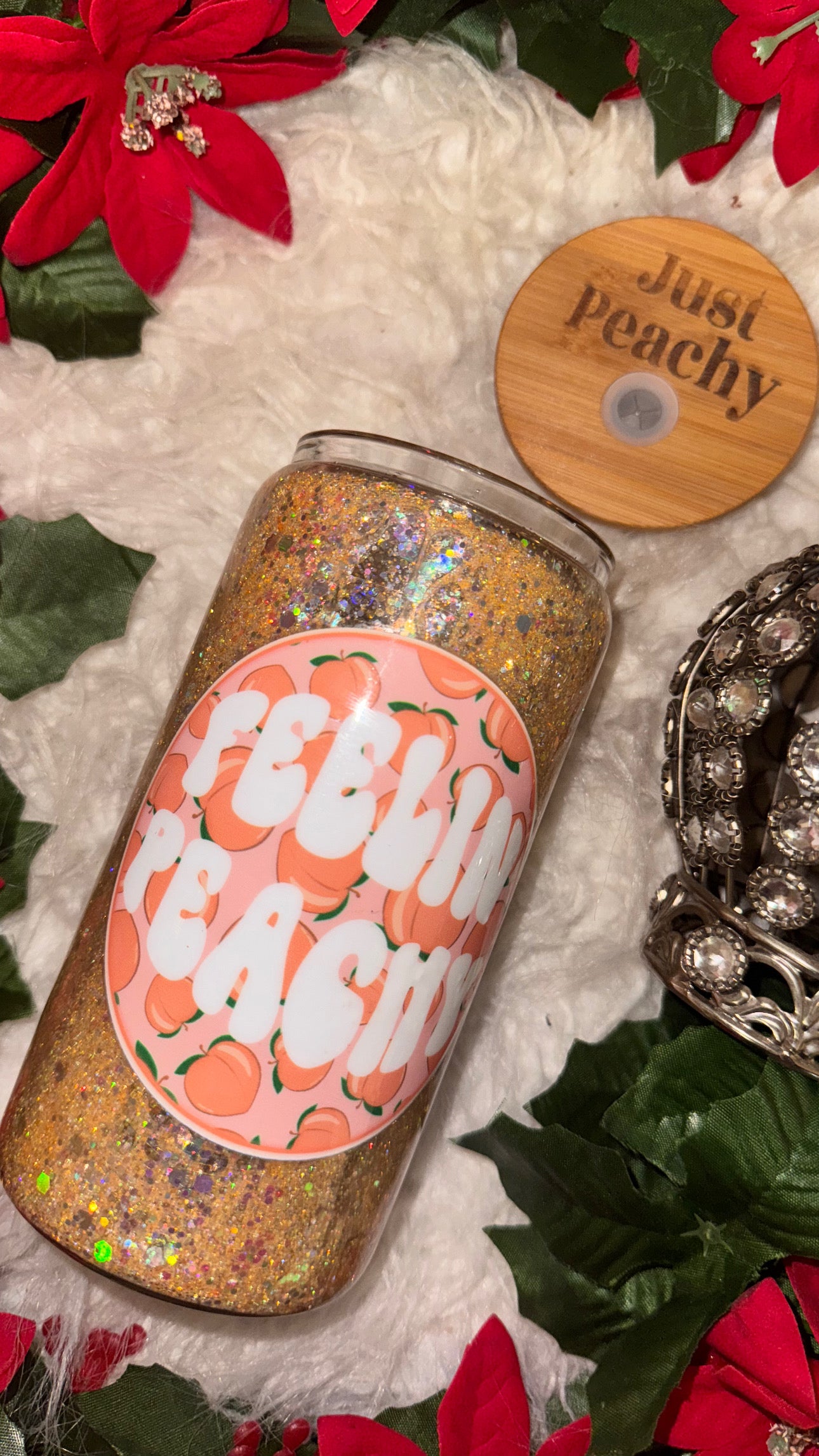 Feelin’ peachy ready to ship snow globe glass can w/ engraved lid