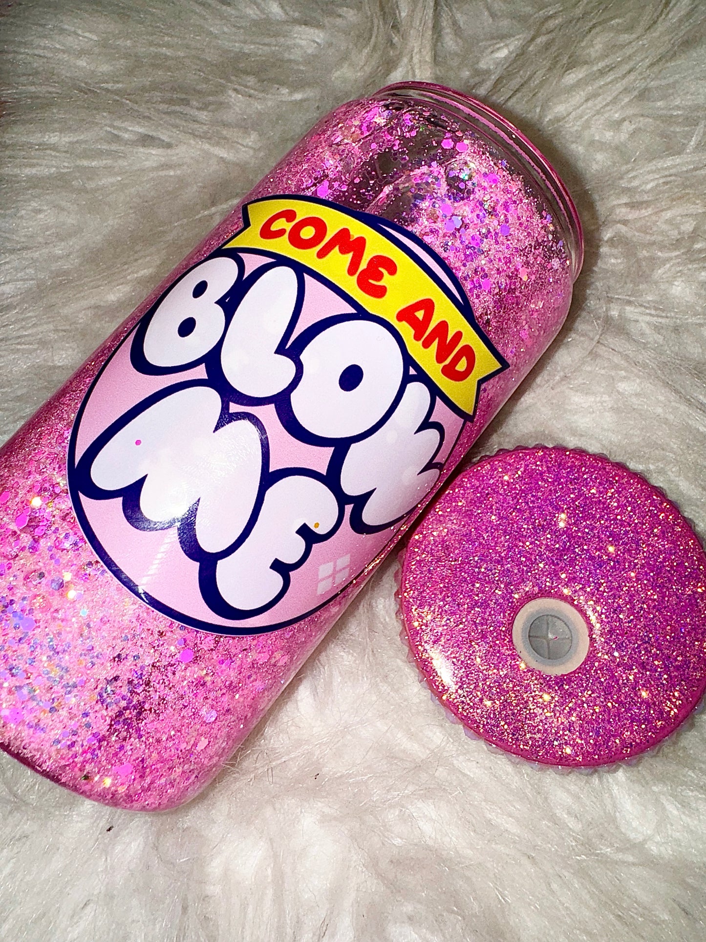 BLOW ME ready to ship snow globe glass can w/ matching lid