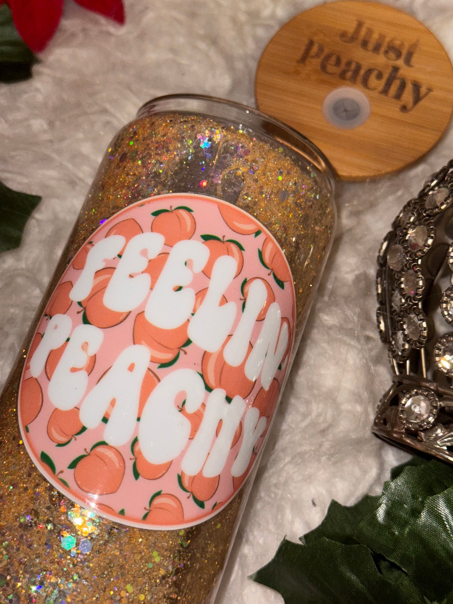 Feelin’ peachy ready to ship snow globe glass can w/ engraved lid