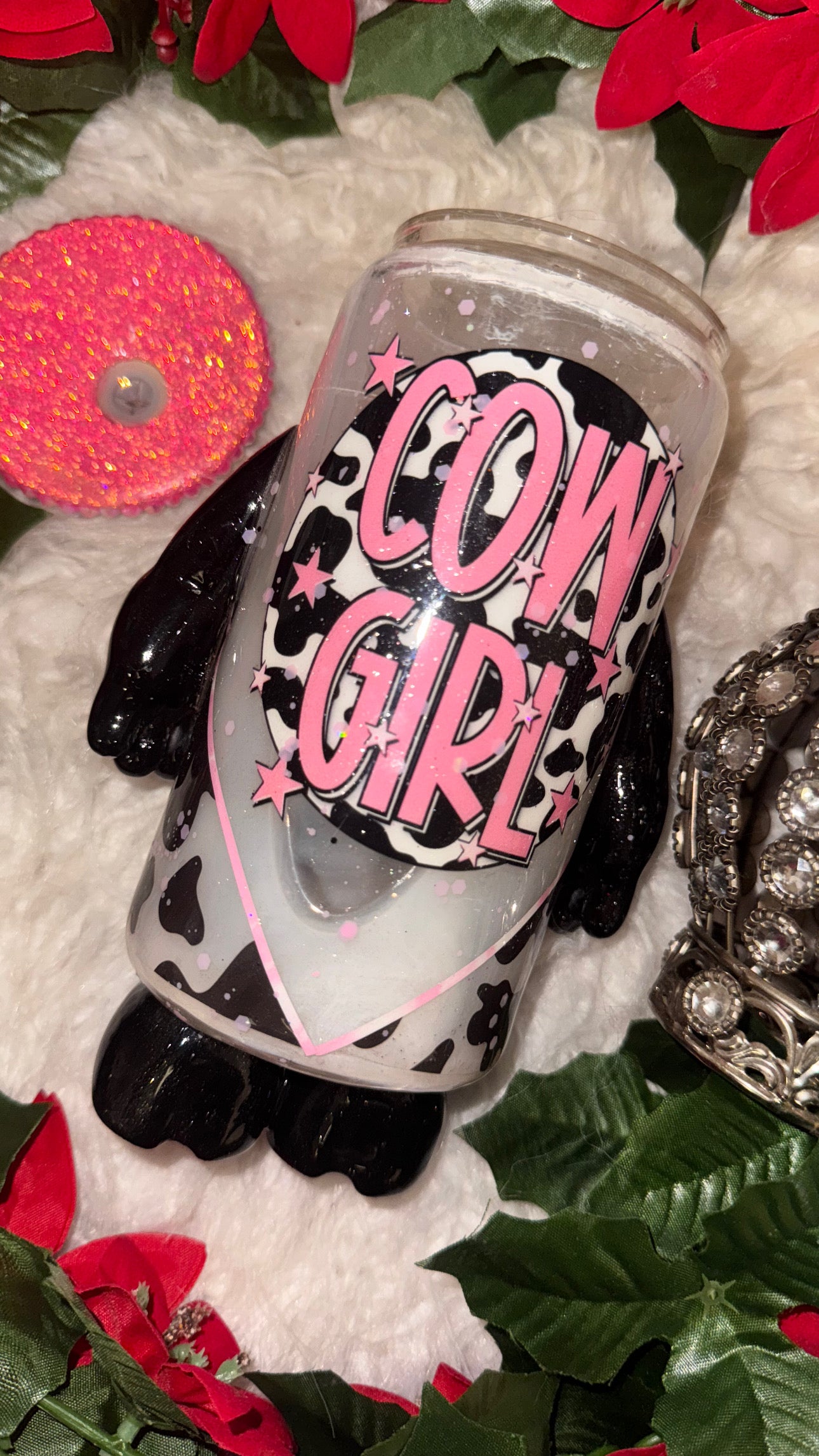 3D cow girl ready to ship glass can tumbler