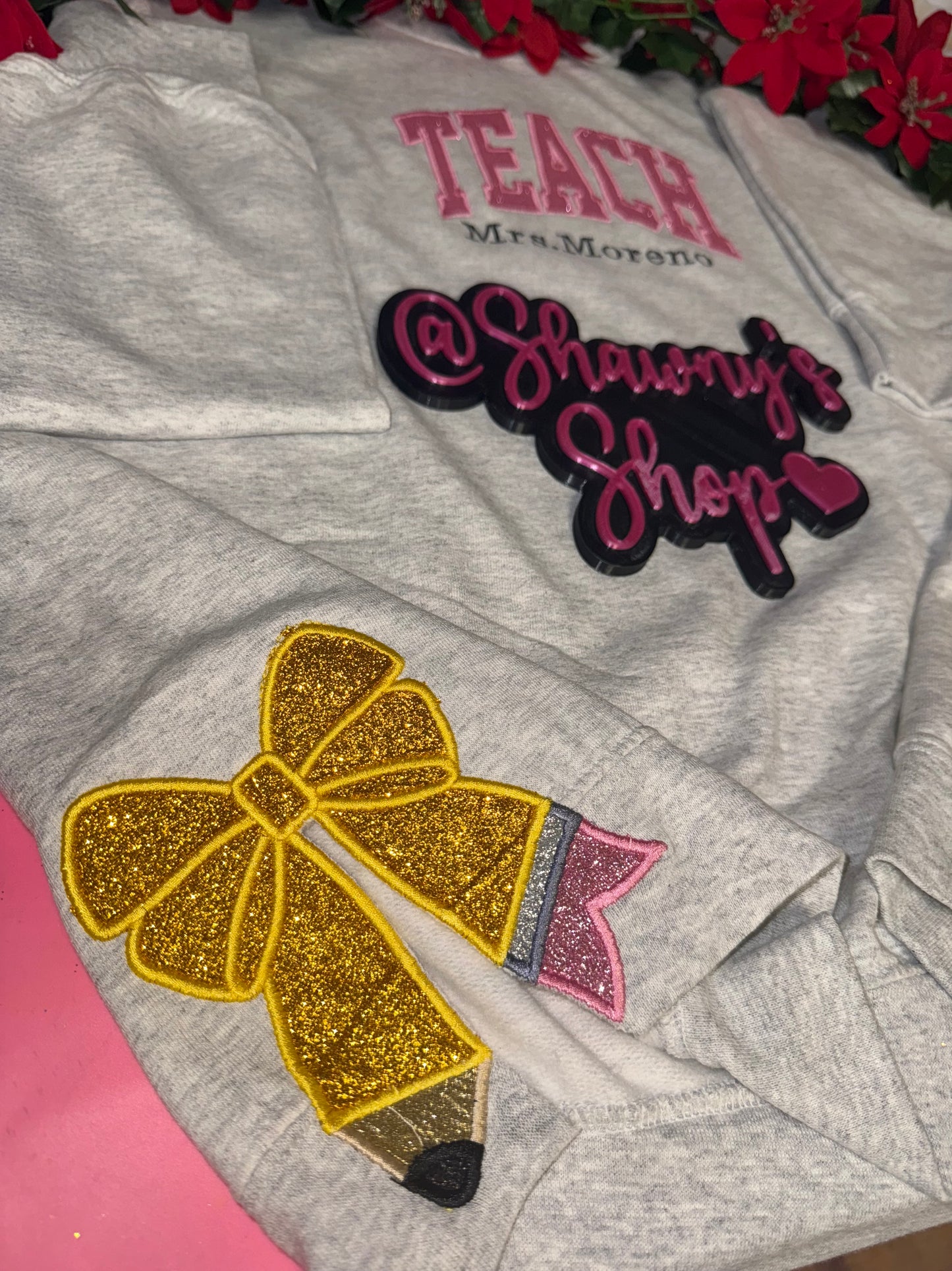 Embroidered teach side pencil sweater top