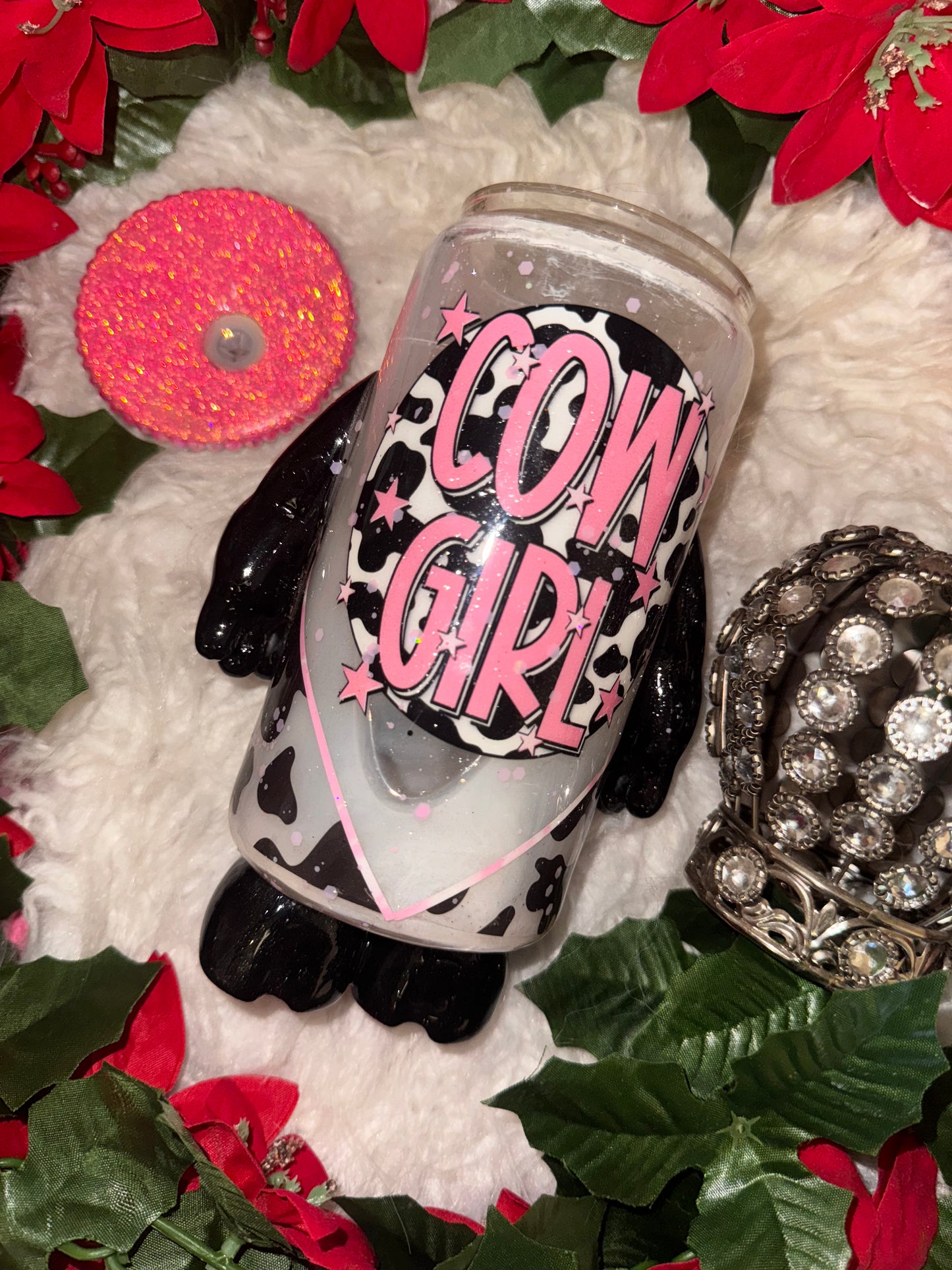 3D cow girl ready to ship glass can tumbler
