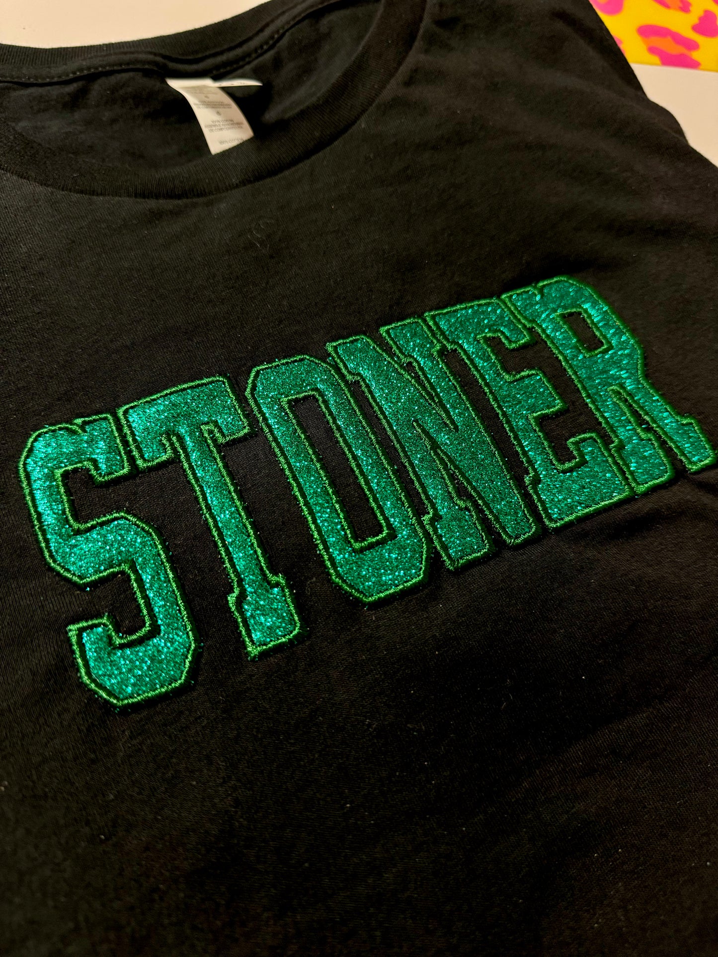 Embroidered glitter STONER top