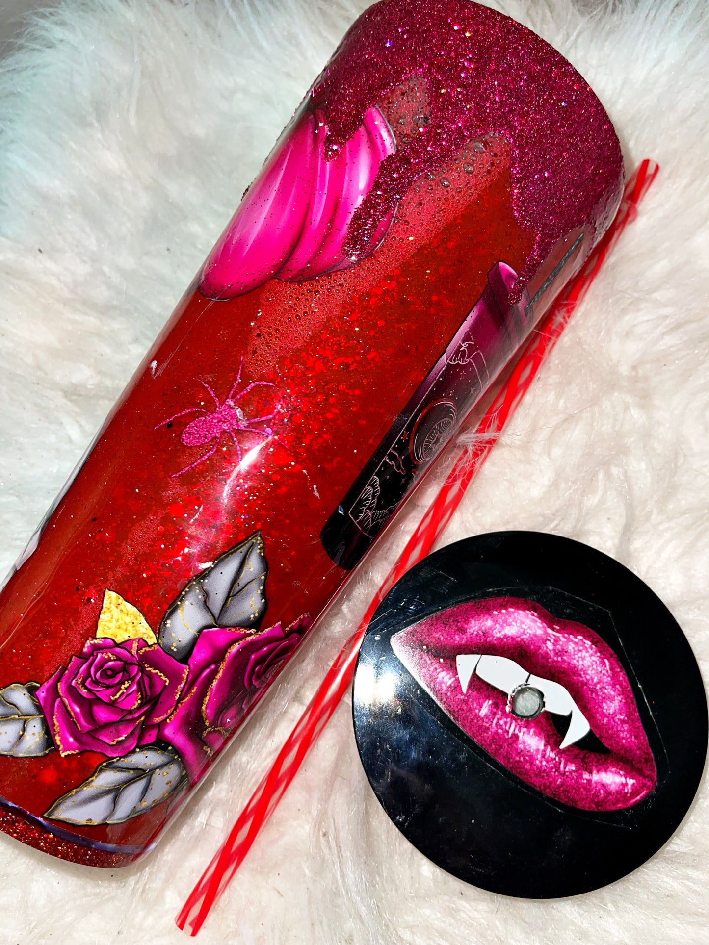 Pink horror snow globe ready to ship tumbler