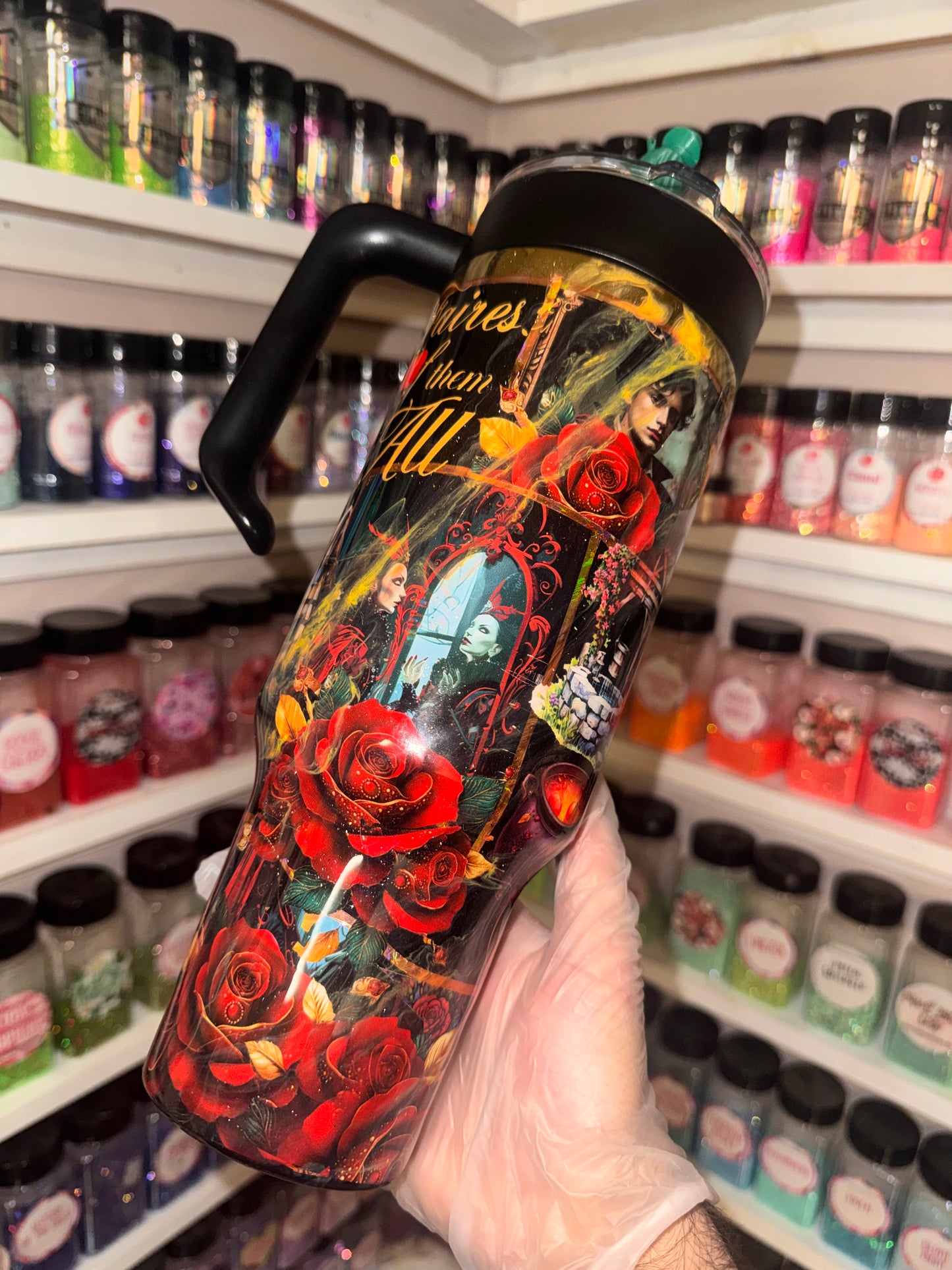 40oz Snow tumbler with 3D glow in the dark lid & straw