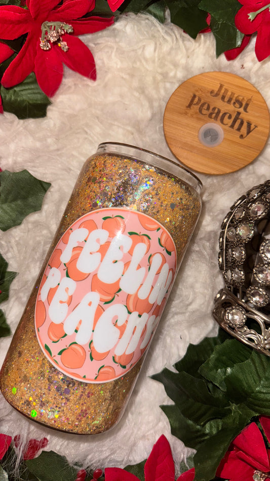 Feelin’ peachy ready to ship snow globe glass can w/ engraved lid