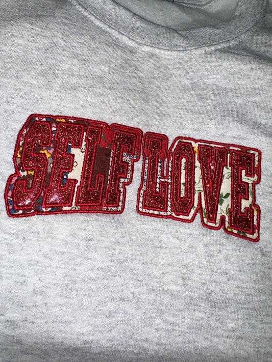 SELF LOVE glitter/fabric embroidered sweater