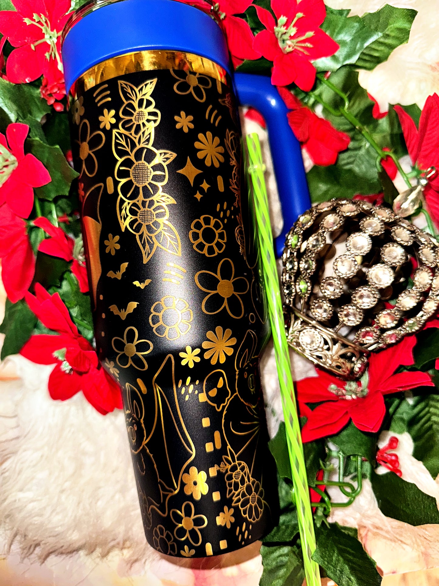 40oz gold engraved floral bats tumbler