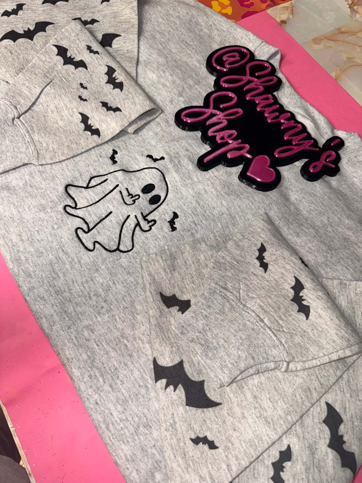 Embroidered ghostie with bat sleeves sweater top