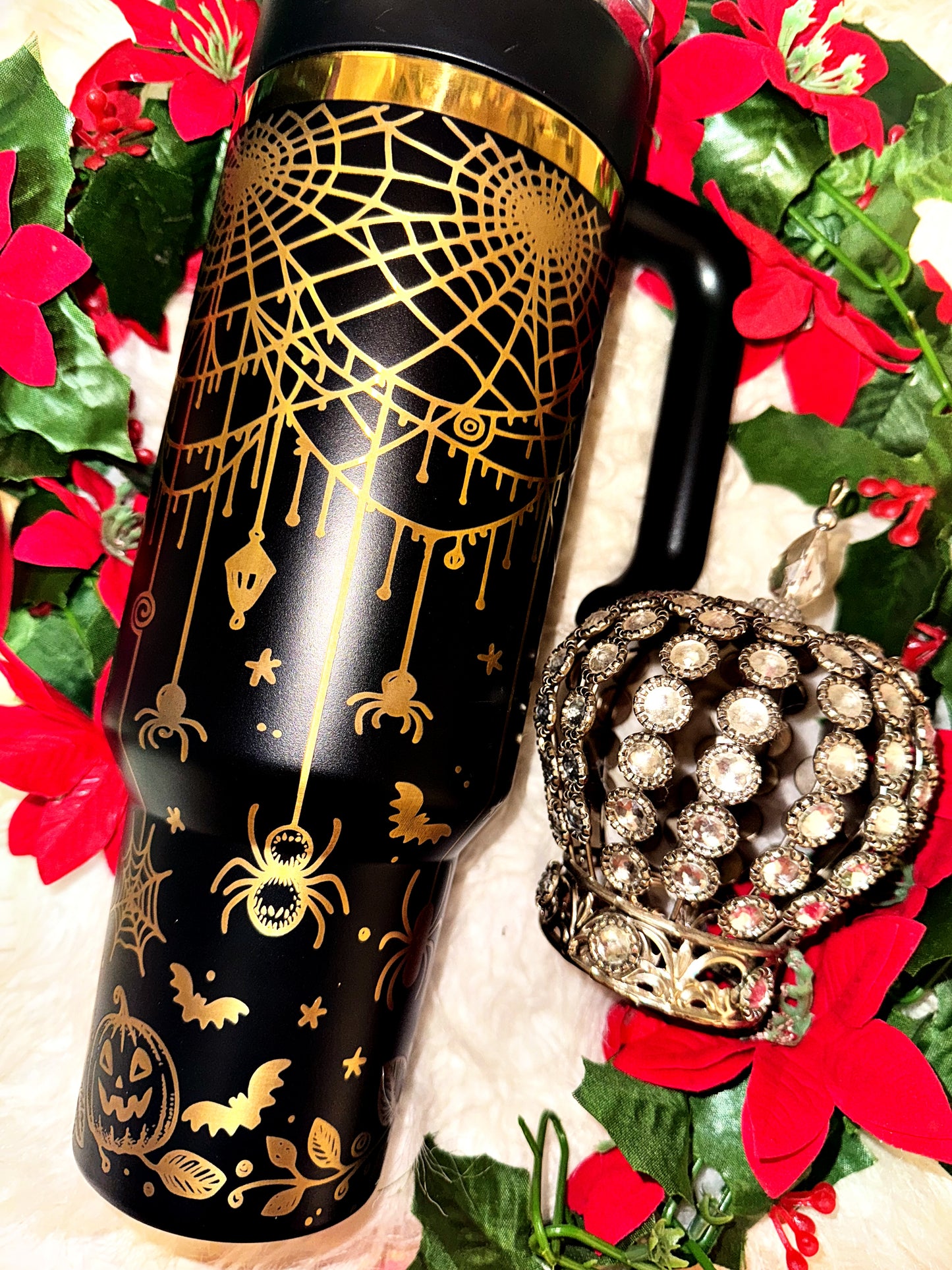 40oz gold engraved bats spiders and pumpkin tumbler