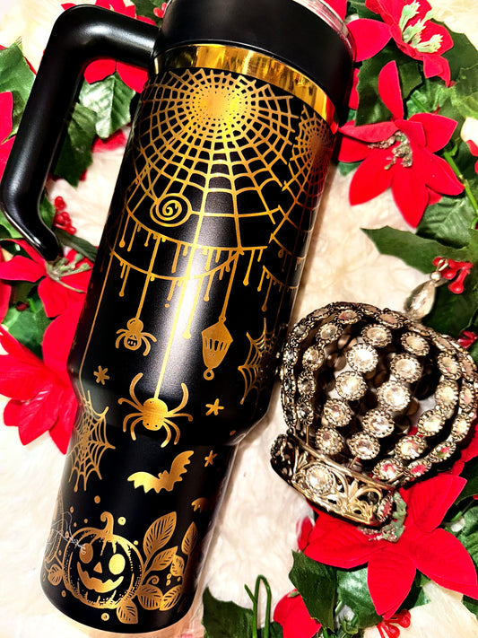 40oz gold engraved bats spiders and pumpkin tumbler