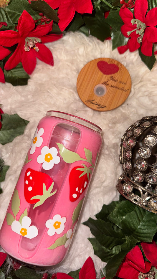Strawberry ready to ship snow globe glass can w/ engraved lid