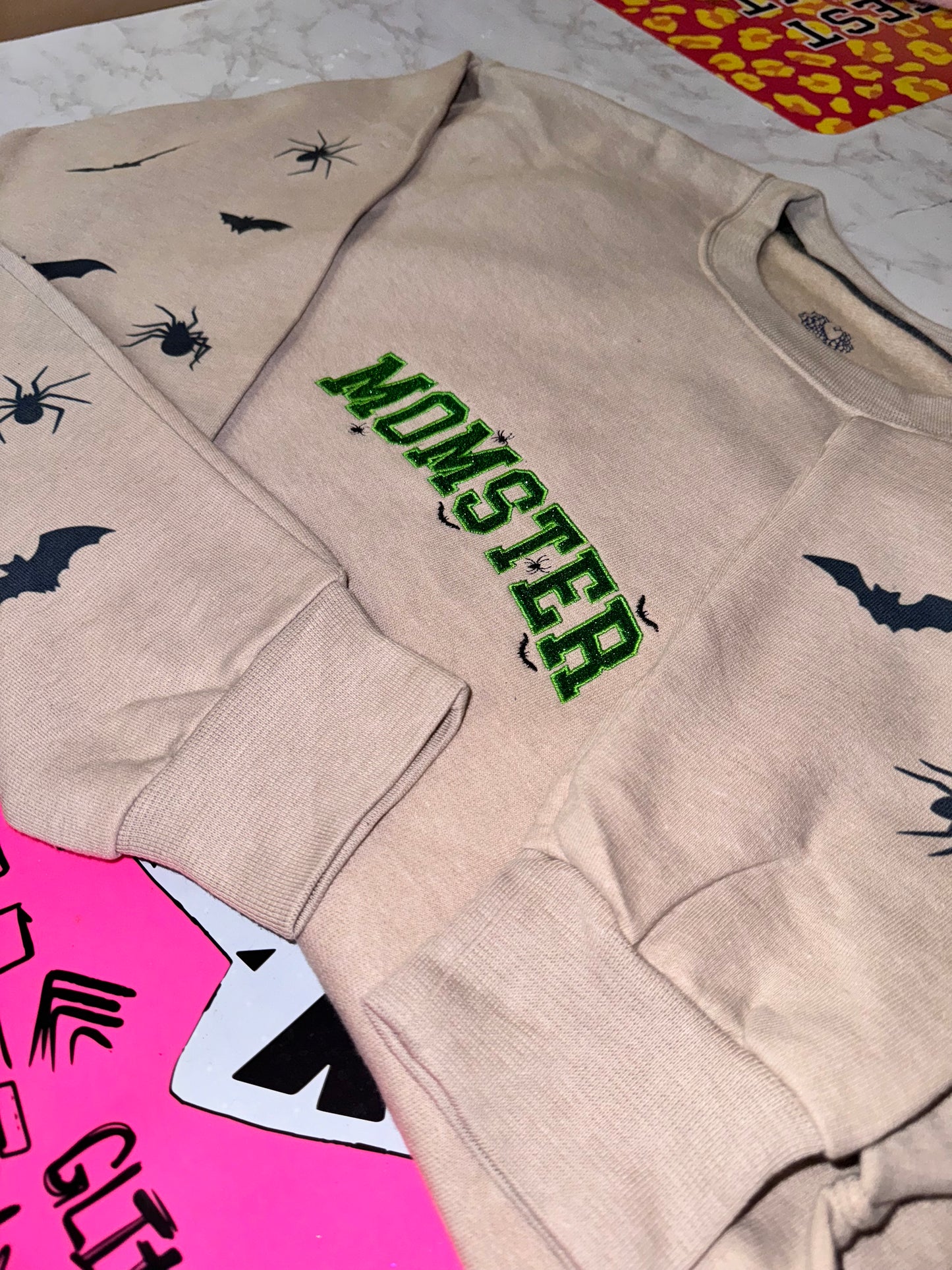 Embroidered glitter MOMSTER sweater top