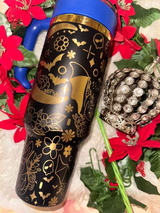 40oz gold engraved floral bats tumbler