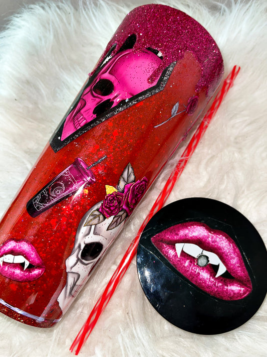 Pink horror snow globe ready to ship tumbler